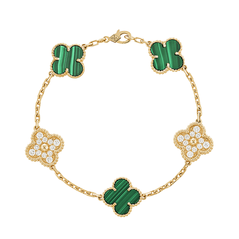 18K Vintage Alhambra Five Motifs Malachite Diamonds Bracelet